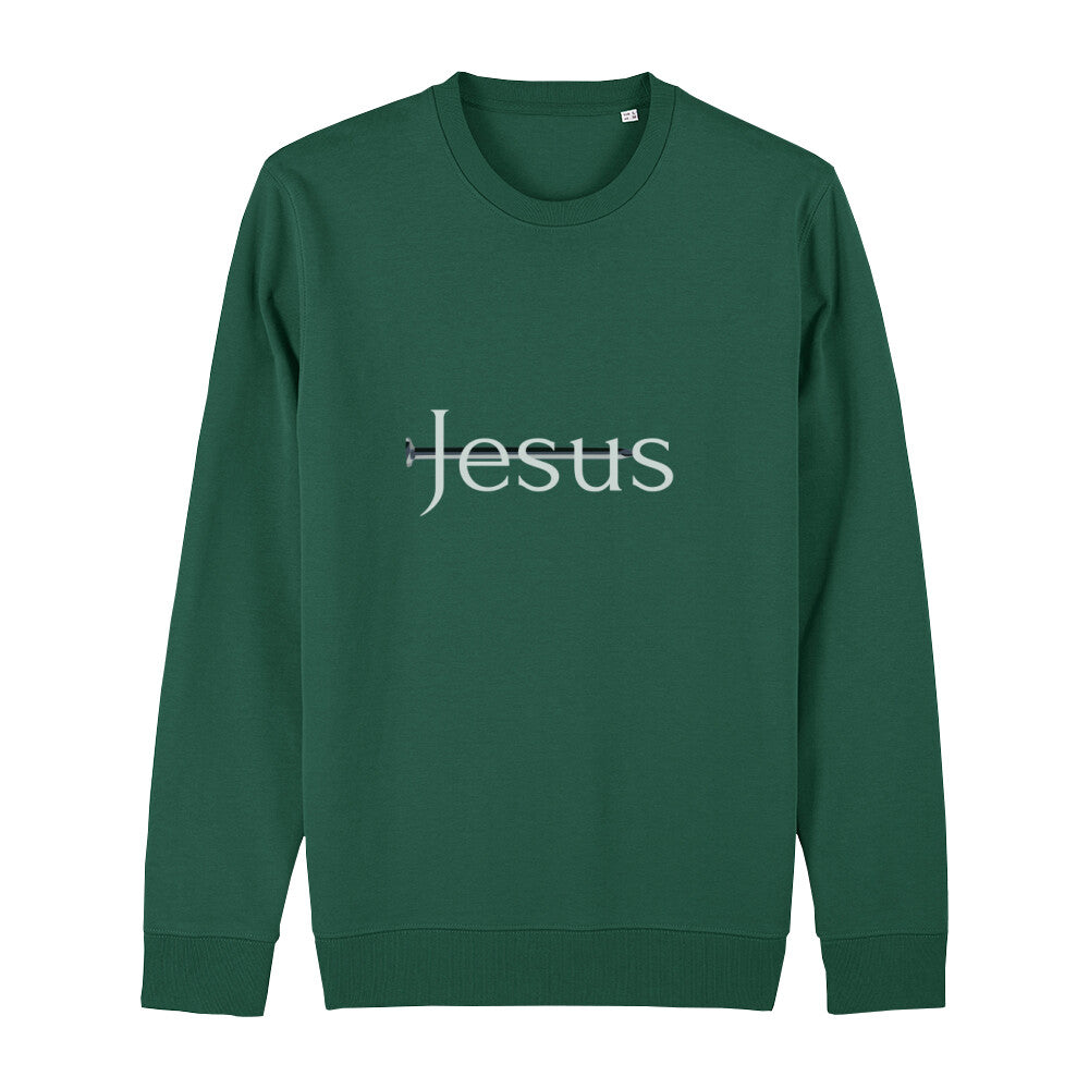 christliches Sweatshirt für Frauen und Männer in grün aus Bio-Baumwolle "Jesus" mit durchbohrendem Nagel