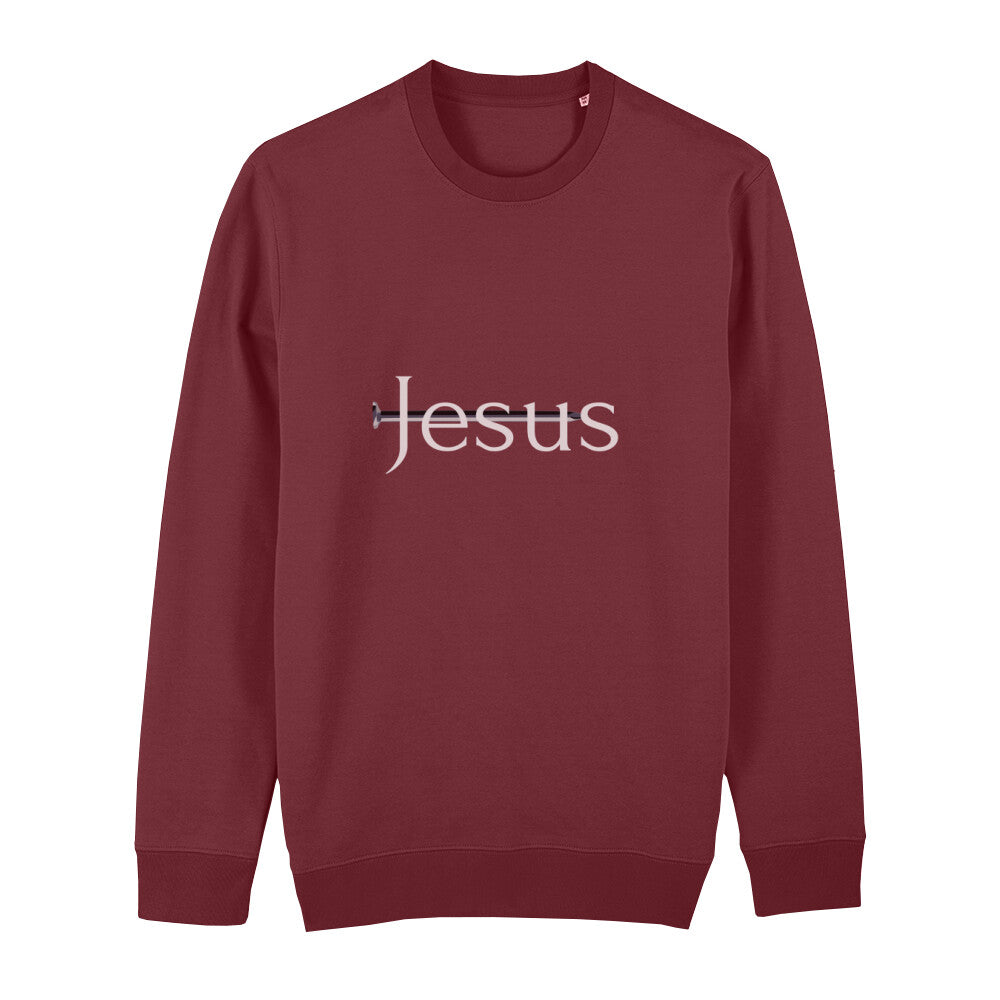 christliches Sweatshirt für Frauen und Männer in dunkelrot aus Bio-Baumwolle "Jesus" mit durchbohrendem Nagel