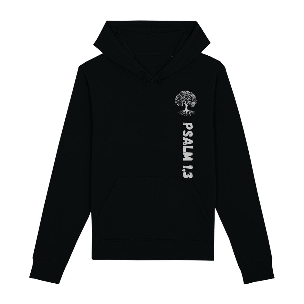 christlicher Hoodie für Frauen und Männer in schwarz aus Bio-Baumwolle "Psalm 1,3" mit weißem Baum