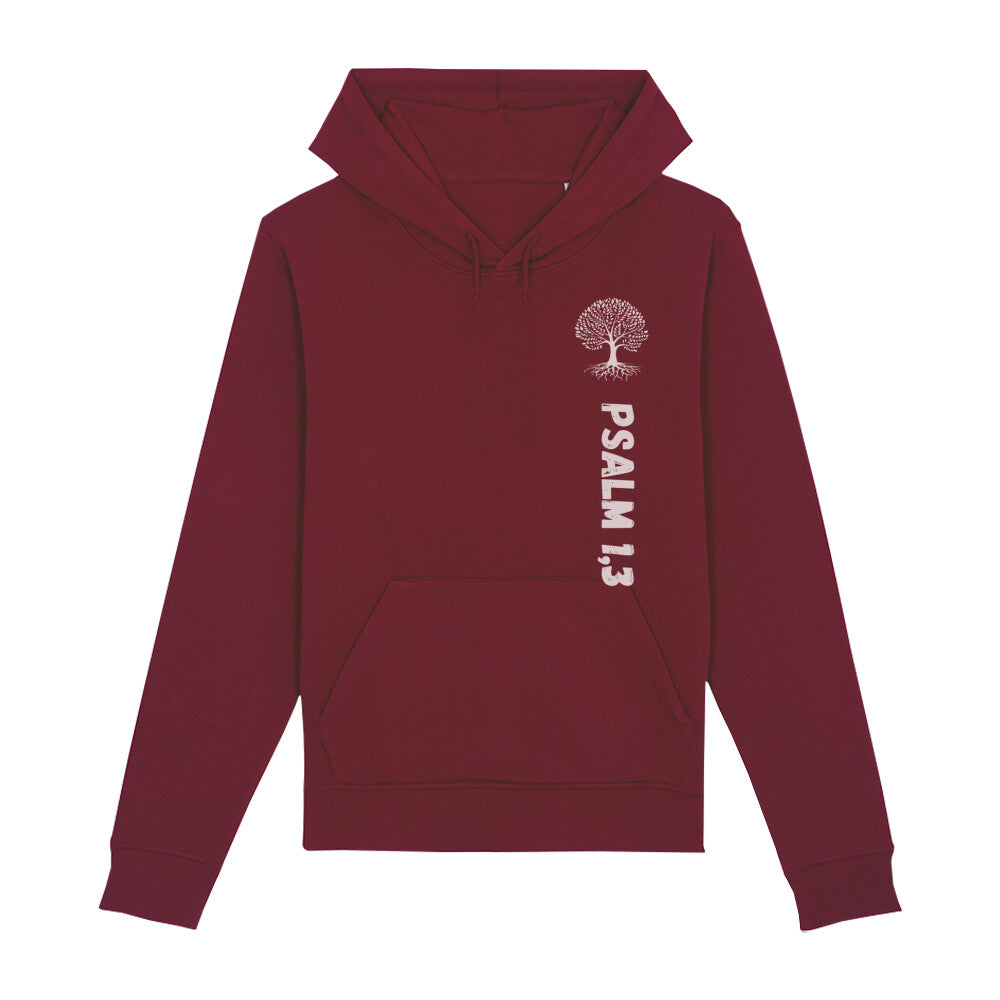 christlicher Hoodie für Frauen und Männer in dunkelrot aus Bio-Baumwolle "Psalm 1,3" mit weißem Baum