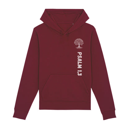 christlicher Hoodie für Frauen und Männer in dunkelrot aus Bio-Baumwolle "Psalm 1,3" mit weißem Baum