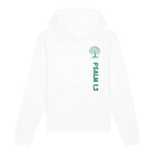 christlicher Hoodie für Frauen und Männer in weiß aus Bio-Baumwolle "Psalm 1,3" mit grünem Baum