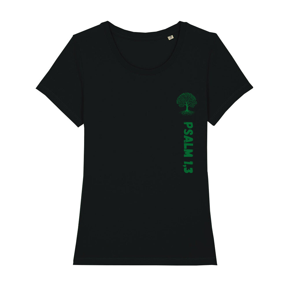 christliches T-Shirt für Frauen in schwarz aus 100 % Bio-Baumwolle " Psalm 1,3" mit grünem Baum