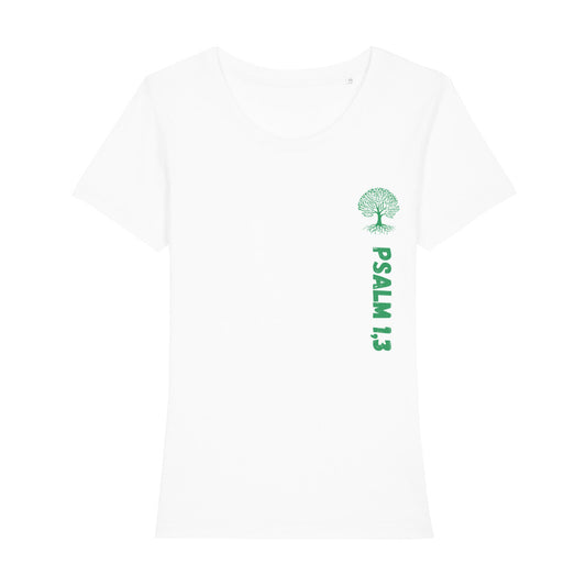 christliches T-Shirt für Frauen in weiß aus 100 % Bio-Baumwolle " Psalm 1,3" mit grünem Baum