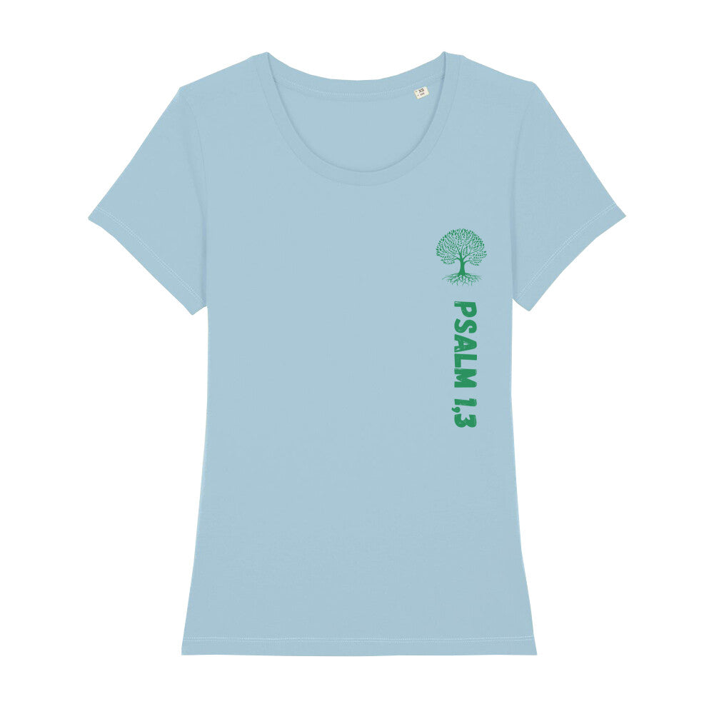 christliches T-Shirt für Frauen in hellblau aus 100 % Bio-Baumwolle " Psalm 1,3" mit grünem Baum