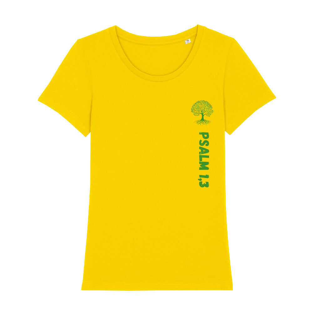 christliches T-Shirt für Frauen in gelb aus 100 % Bio-Baumwolle " Psalm 1,3" mit grünem Baum