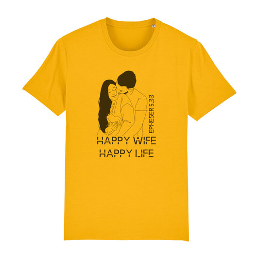 christliches T-Shirt für Männer in gelb aus 100 % Bio-Baumwolle "Happy Wife Happy Life" nach Epheser 5,33