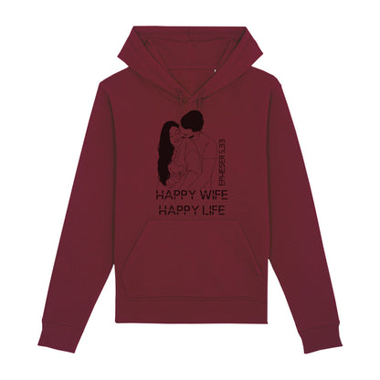 christlicher Hoodie für Frauen und Männer in dunkelrot aus Bio-Baumwolle " Happy Wife Happy Life " nach Epheser 5,33