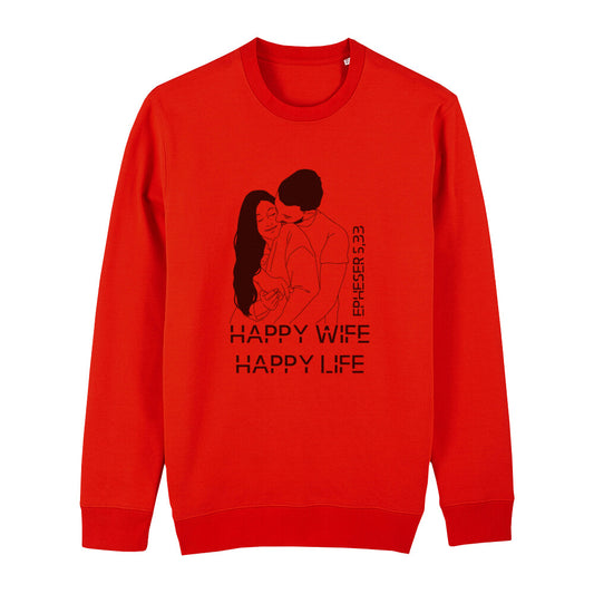 christliches Sweatshirt für Frauen und Männer in rot aus Bio-Baumwolle "happy life happy wife" nach Epheser 5,33