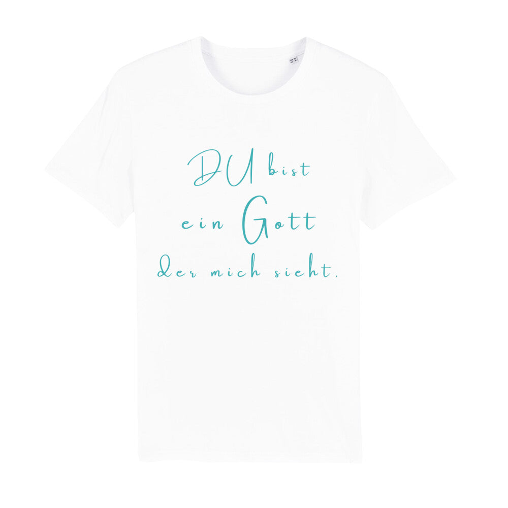 christliches T-Shirt für Männer in weiß aus 100 % Bio-Baumwolle "Du bist ein Gott der mich sieht." 1.Mose 16,13 Jahreslosung 2023