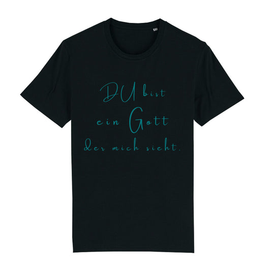 christliches T-Shirt für Männer in schwarz aus 100 % Bio-Baumwolle "Du bist ein Gott der mich sieht." 1.Mose 16,13 Jahreslosung 2023