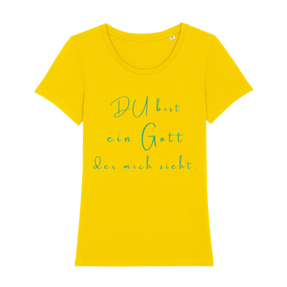 christliches T-Shirt für Frauen in gelb aus 100 % Bio-Baumwolle " DU bist ein Gott der mich sieht. " 1. Mose 16,13