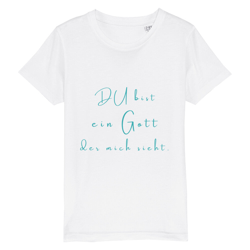 christliches T-Shirt für Kids in weiß aus 100 % Bio-Baumwolle " Du bist ein Gott der mich sieht " nach 1. Mose 16,13 Jahreslosung 2023