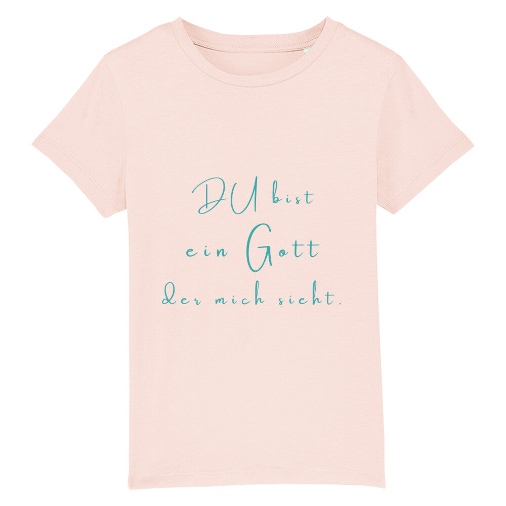 christliches T-Shirt für Kids in rosa aus 100 % Bio-Baumwolle " Du bist ein Gott der mich sieht " nach 1. Mose 16,13 Jahreslosung 2023