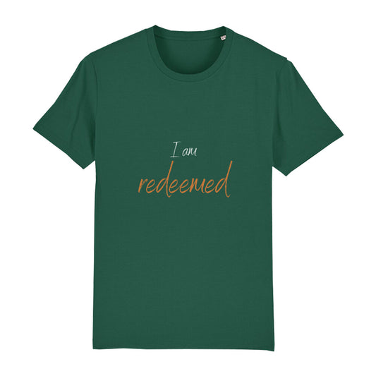 christliches T-Shirt für Männer in grün aus 100 % Bio-Baumwolle "I am redeemed" aus unserer I am... Kollektion