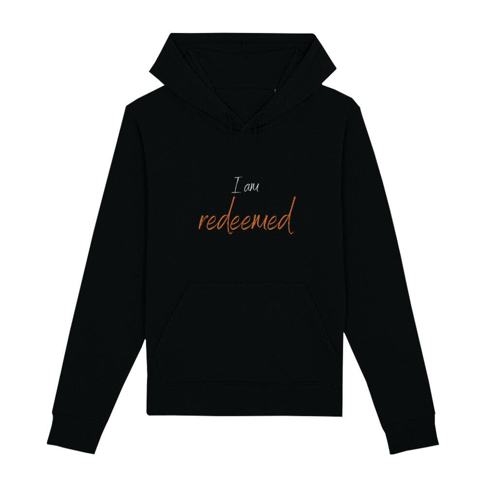 christlicher Hoodie für Frauen und Männer in schwarz aus Bio-Baumwolle " I am redeemed " aus unserer I am... Kollektion