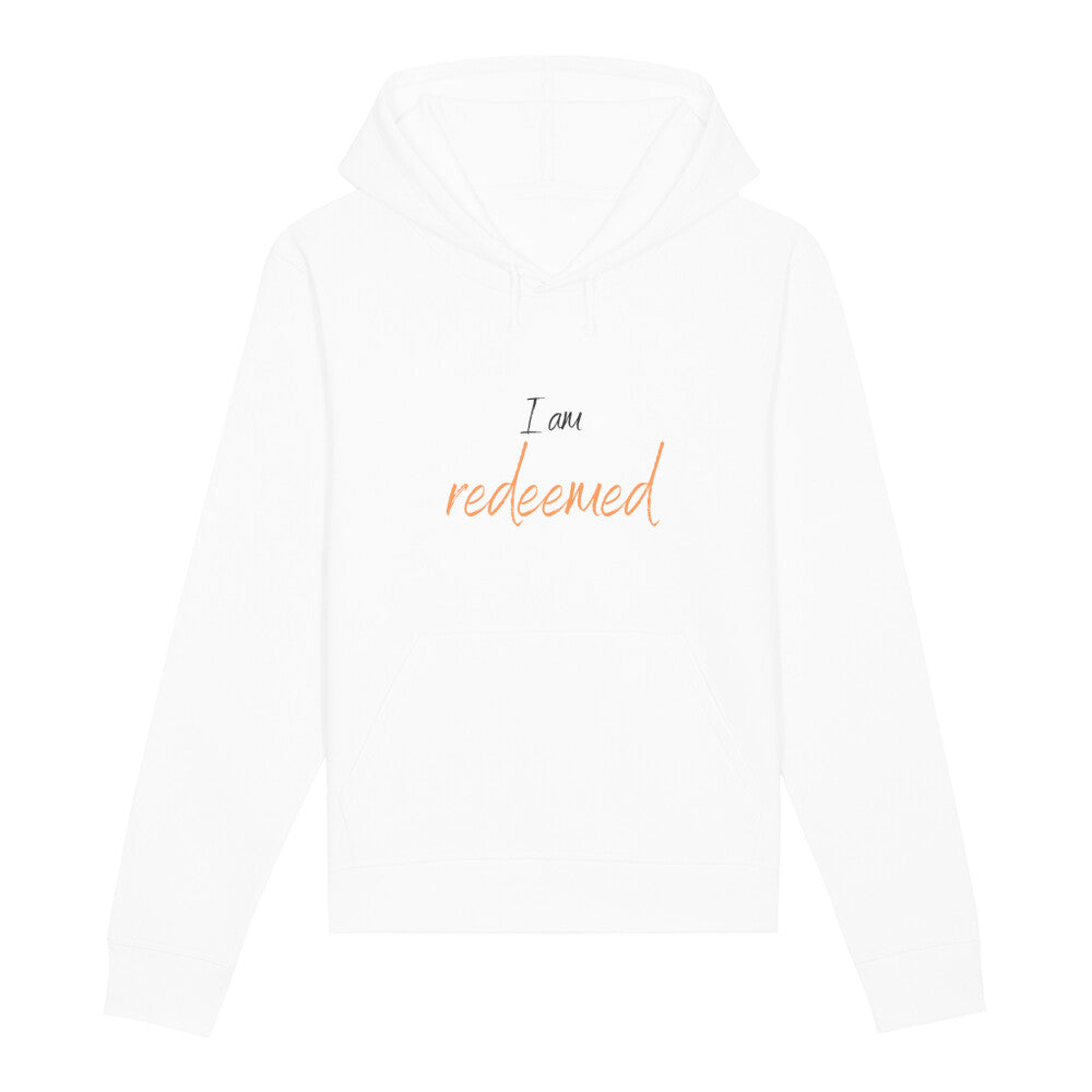 christlicher Hoodie für Frauen und Männer in weiß aus Bio-Baumwolle " I am redeemed " aus unserer I am... Kollektion