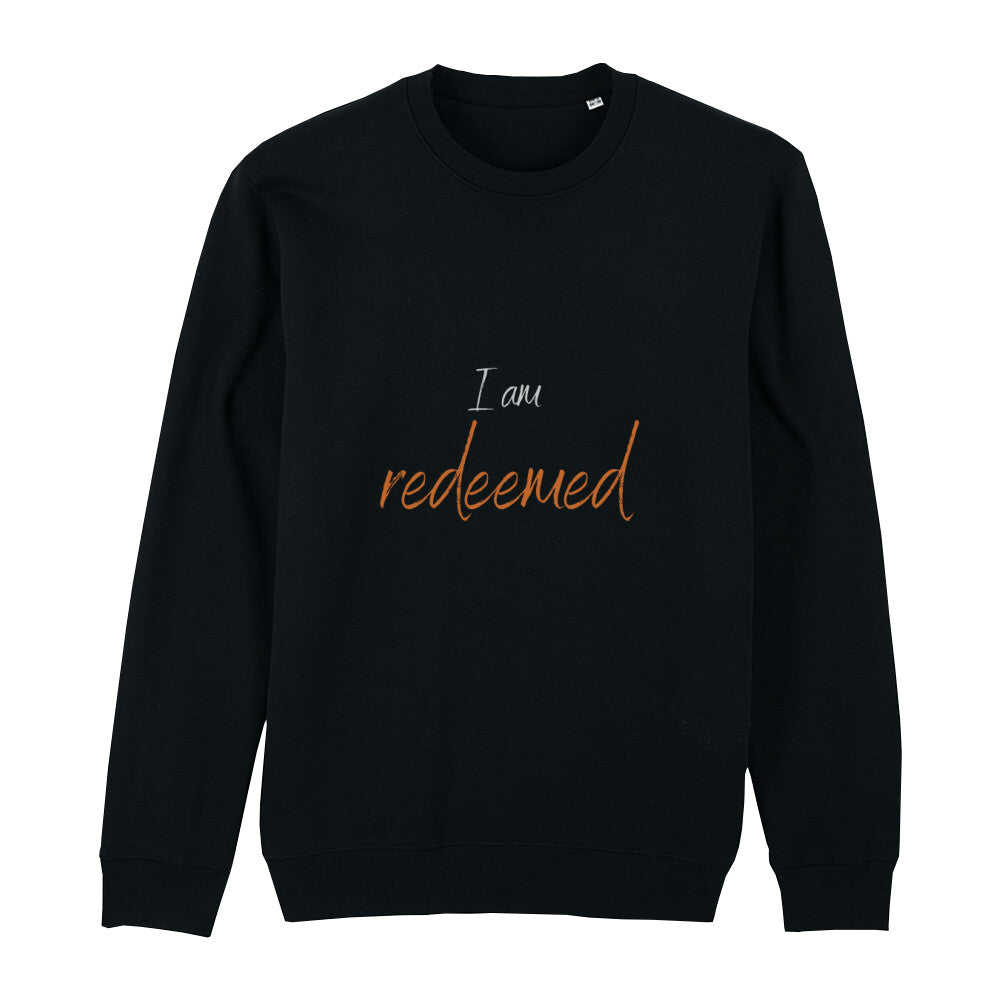 christliches Sweatshirt für Frauen und Männer in schwarz aus Bio-Baumwolle "I am redeemed" aus unserer I am... Kollektion