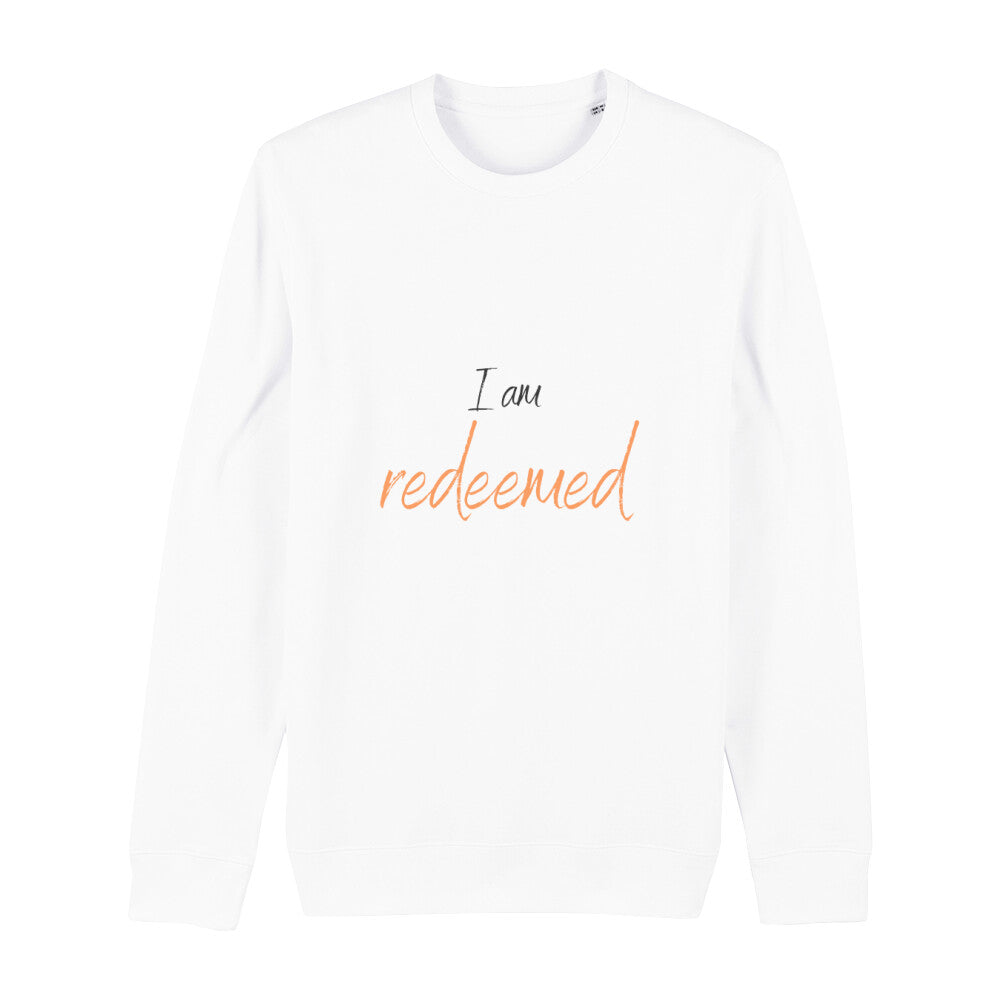 christliches Sweatshirt für Frauen und Männer in weiß aus Bio-Baumwolle "I am redeemed" aus unserer I am... Kollektion