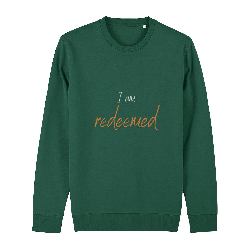 christliches Sweatshirt für Frauen und Männer in grün aus Bio-Baumwolle "I am redeemed" aus unserer I am... Kollektion