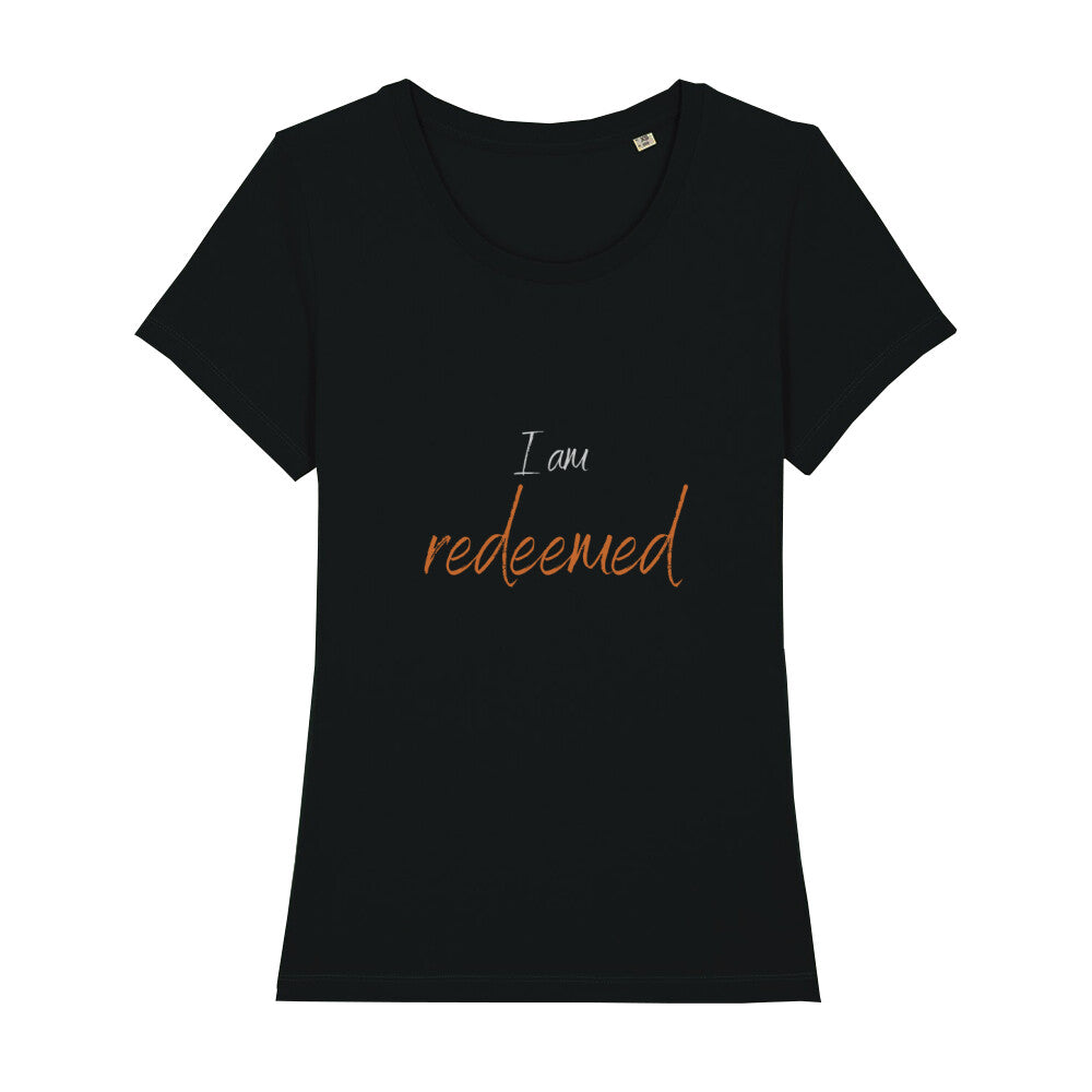 christliches T-Shirt für Frauen in schwarz aus 100 % Bio-Baumwolle "I am redeemed" aus unserer I am... Kollektion