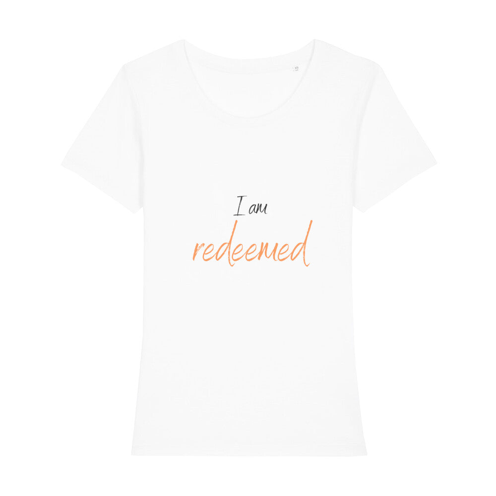 christliches T-Shirt für Frauen in weiß aus 100 % Bio-Baumwolle "I am redeemed" aus unserer I am... Kollektion