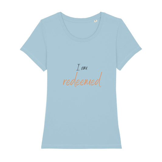 christliches T-Shirt für Frauen in hellblau aus 100 % Bio-Baumwolle "I am redeemed" aus unserer I am... Kollektion