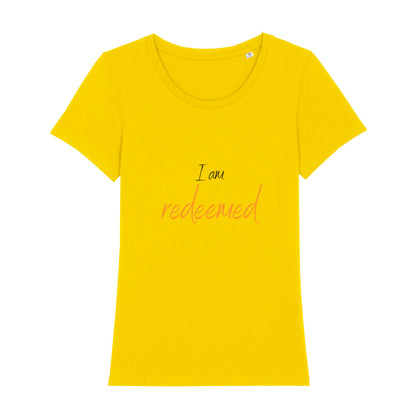 christliches T-Shirt für Frauen in gelb aus 100 % Bio-Baumwolle "I am redeemed" aus unserer I am... Kollektion