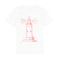 christliches T-Shirt mit einem Unisex-Schnitt in weiß aus 100 % Bio-Baumwolle Rückseite roter Leuchtturm Erhältlich in den Größen S bis XXL