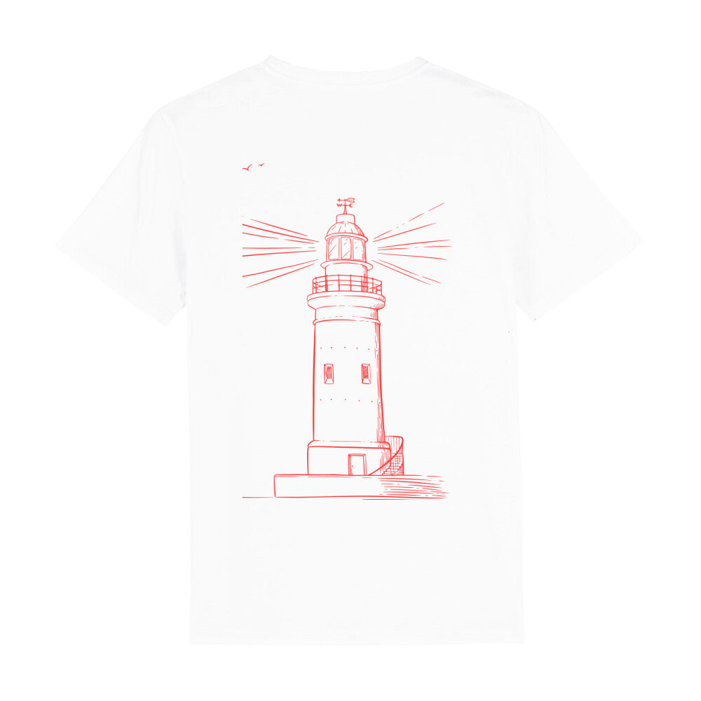 christliches T-Shirt mit einem Unisex-Schnitt in weiß aus 100 % Bio-Baumwolle Rückseite roter Leuchtturm Erhältlich in den Größen S bis XXL