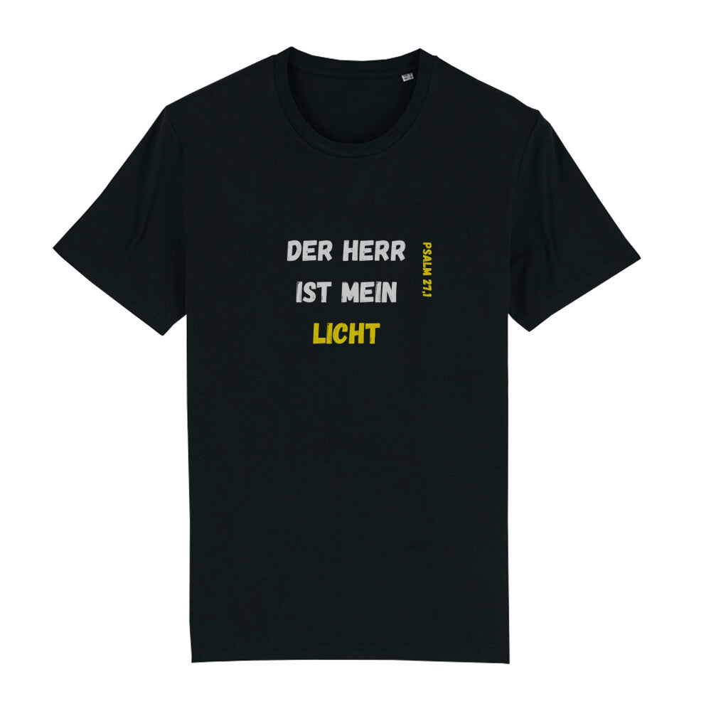 christliches T-Shirt mit einem Unisex-Schnitt in schwarz aus 100 % Bio-Baumwolle Vorderseite "Der Herr ist mein Licht" Psalm 27,1  Erhältlich in den Größen S bis XXL