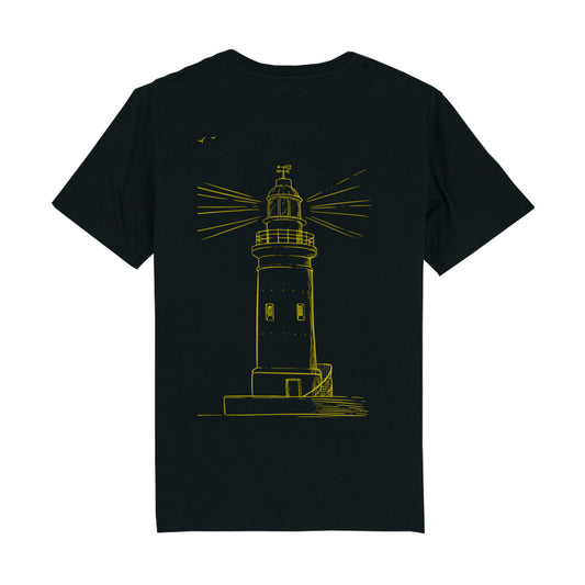 christliches T-Shirt mit einem Unisex-Schnitt in schwarz aus 100 % Bio-Baumwolle Rückseite gelber Leuchtturm Erhältlich in den Größen S bis XXL