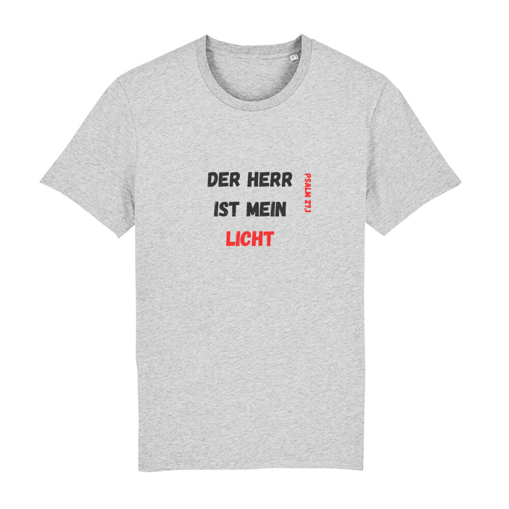 christliches T-Shirt mit einem Unisex-Schnitt in grau aus 100 % Bio-Baumwolle Vorderseite "Der Herr ist mein Licht" Psalm 27,1 Erhältlich in den Größen S bis XXL