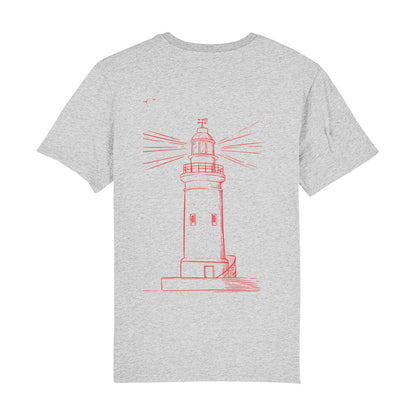 christliches T-Shirt mit einem Unisex-Schnitt in grau aus 100 % Bio-Baumwolle Rückseite roter Leuchtturm Erhältlich in den Größen S bis XXL