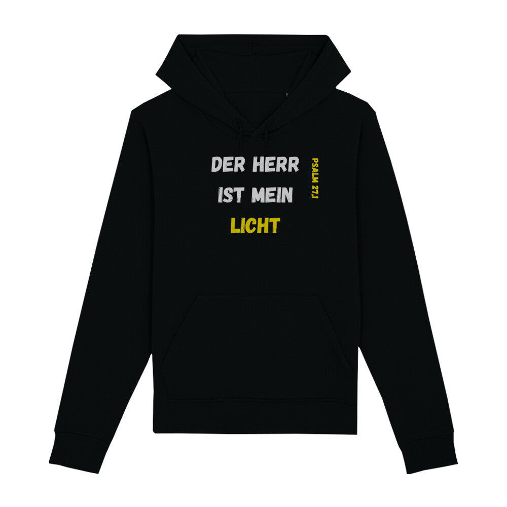 christlicher Hoodie für Frauen und Männer in schwarz aus Bio-Baumwolle Vorderseite "Der Herr ist mein Licht" Psalm 27,1  Erhältlich in den Größen XS bis XXL