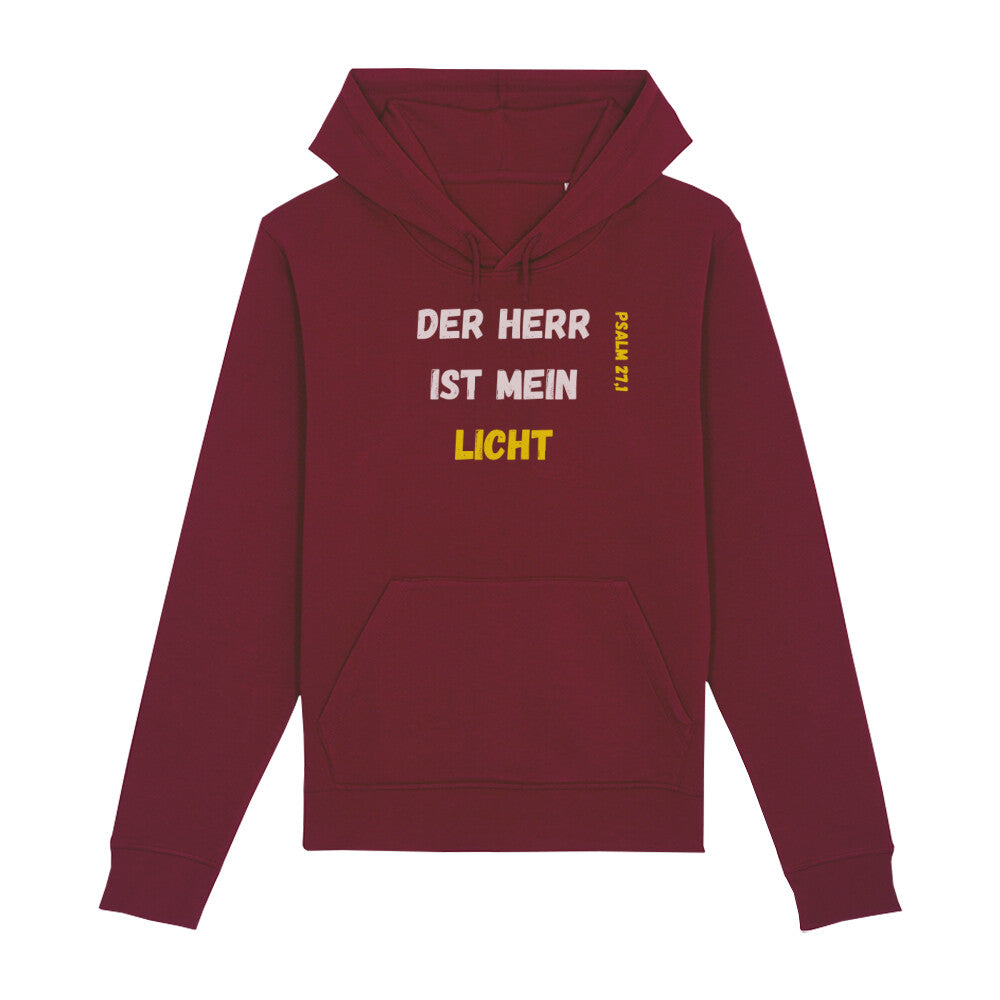 christlicher Hoodie für Frauen und Männer in dunkelrot aus Bio-Baumwolle Vorderseite "Der Herr ist mein Licht" Psalm 27,1  Erhältlich in den Größen XS bis XXL