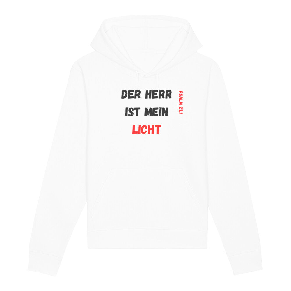 christlicher Hoodie für Frauen und Männer in weiß aus Bio-Baumwolle Vorderseite "Der Herr ist mein Licht" Psalm 27,1  Erhältlich in den Größen XS bis XXL