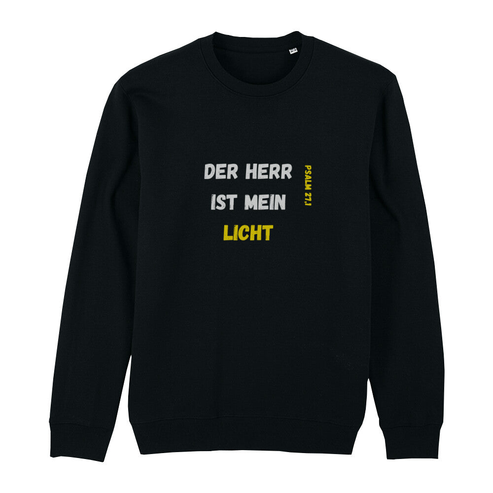 christliches Sweatshirt für Frauen und Männer in schwarz aus Bio-Baumwolle Vorderseite "Der Herr ist mein Licht" Psalm 27,1 Erhältlich in den Größen XS bis XXL