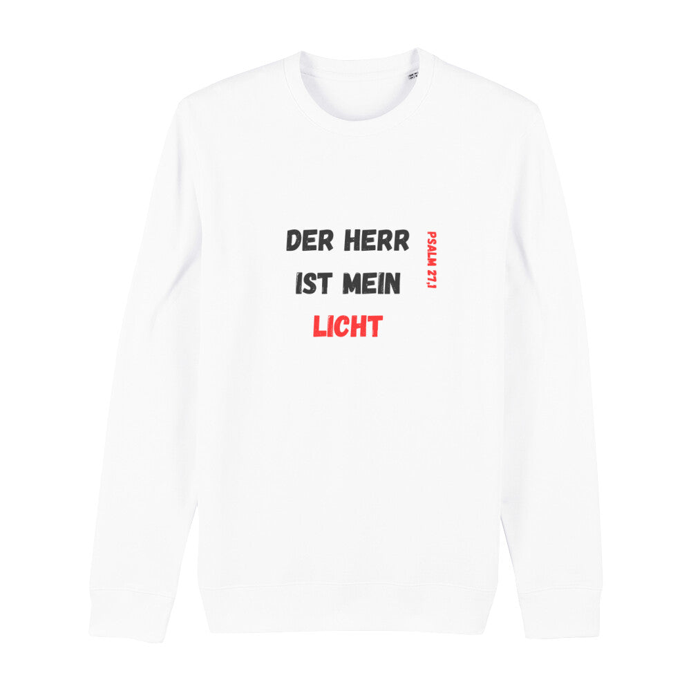 christliches Sweatshirt für Frauen und Männer in weiß aus Bio-Baumwolle Vorderseite "Der Herr ist mein Licht" Psalm 27,1 Erhältlich in den Größen XS bis XXL