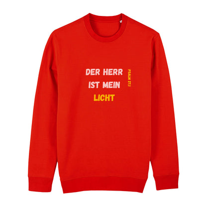 christliches Sweatshirt für Frauen und Männer in feuerrot aus Bio-Baumwolle Vorderseite "Der Herr ist mein Licht" Psalm 27,1 Erhältlich in den Größen XS bis XXL