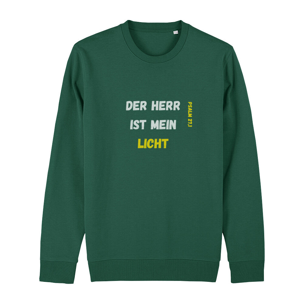 christliches Sweatshirt für Frauen und Männer in dunkelgrün aus Bio-Baumwolle Vorderseite "Der Herr ist mein Licht" Psalm 27,1 Erhältlich in den Größen XS bis XXL