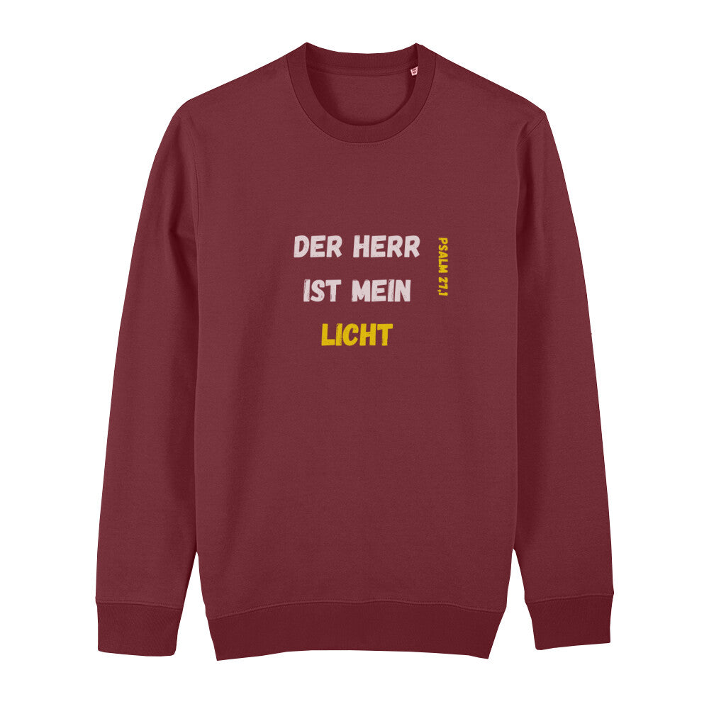 christliches Sweatshirt für Frauen und Männer in dunkelrot aus Bio-Baumwolle Vorderseite "Der Herr ist mein Licht" Psalm 27,1 Erhältlich in den Größen XS bis XXL