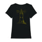 christliches T-Shirt mit einem Frauen-Schnitt in schwarz aus 100 % Bio-Baumwolle Rückseite gelber Leuchtturm Erhältlich in den Größen XS bis XXL