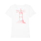 christliches T-Shirt mit einem Frauen-Schnitt in weiß aus 100 % Bio-Baumwolle Rückseite roter Leuchtturm Erhältlich in den Größen XS bis XXL