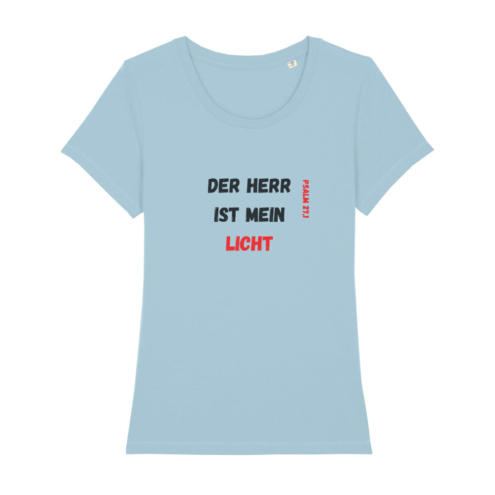 christliches T-Shirt mit einem Frauen-Schnitt in hellblau aus 100 % Bio-Baumwolle Vorderseite "Der Herr ist mein Licht" Psalm 27,1 Erhältlich in den Größen XS bis XXL