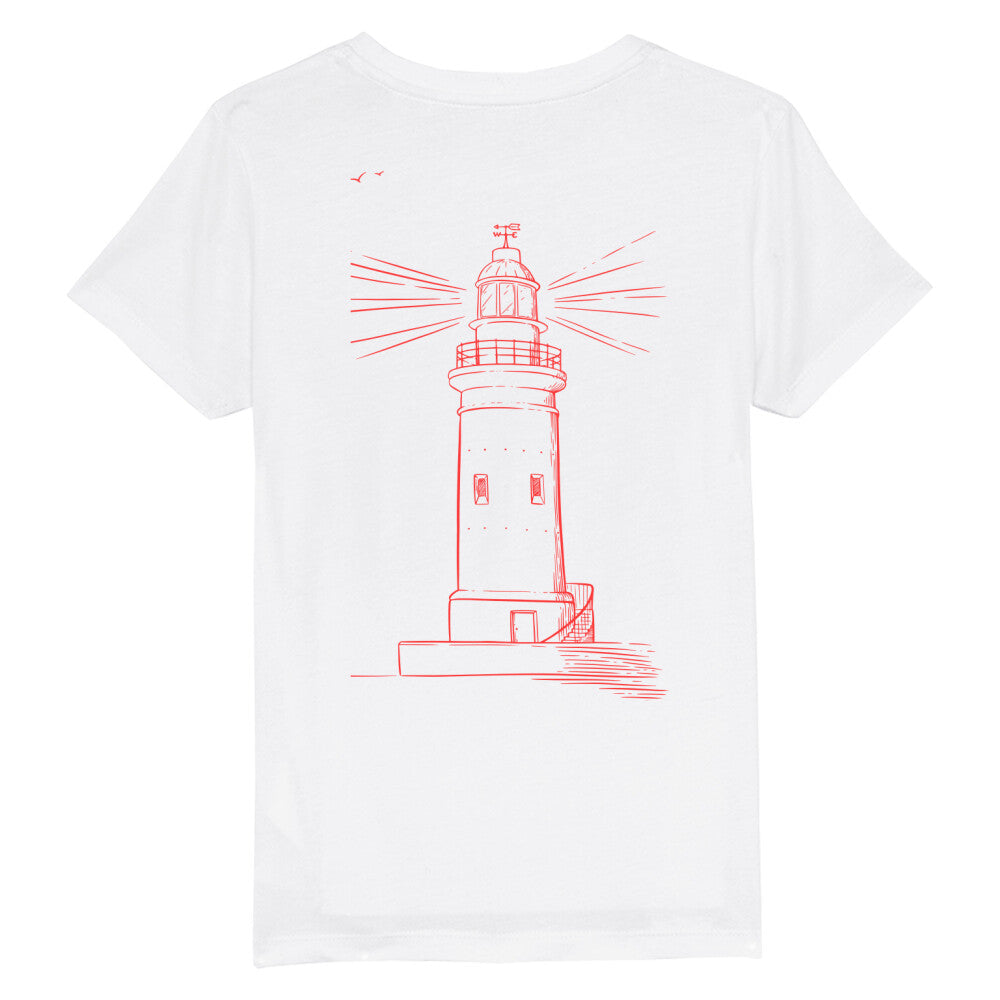 christliches T-Shirt für Kinder mit einem Unisex-Schnitt in weiß aus 100 % Bio-Baumwolle Rückseite roter Leuchtturm Erhältlich in den Größen 98/104 bis 152/164