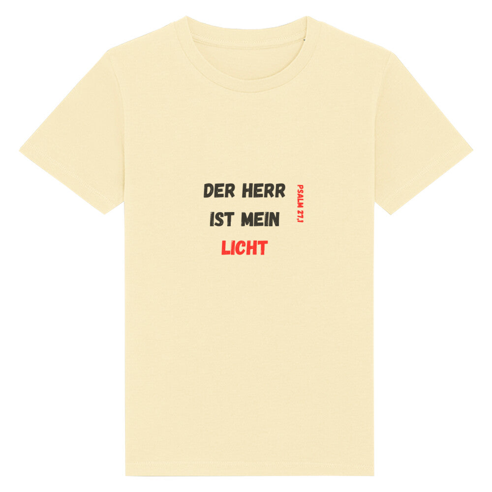 christliches T-Shirt für Kinder mit einem Unisex-Schnitt in hellgelb aus 100 % Bio-Baumwolle Vorderseite "Der Herr ist mein Licht" Psalm 27,1  Erhältlich in den Größen 98/104 bis 152/164