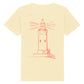 christliches T-Shirt für Kinder mit einem Unisex-Schnitt in hellgelb aus 100 % Bio-Baumwolle Rückseite roter Leuchtturm Erhältlich in den Größen 98/104 bis 152/164