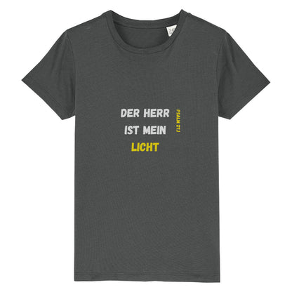 christliches T-Shirt für Kinder mit einem Unisex-Schnitt in anthrazit aus 100 % Bio-Baumwolle Vorderseite "Der Herr ist mein Licht" Psalm 27,1  Erhältlich in den Größen 98/104 bis 152/164