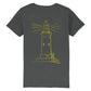 christliches T-Shirt für Kinder mit einem Unisex-Schnitt in anthrazit aus 100 % Bio-Baumwolle Rückseite gelber Leuchtturm Erhältlich in den Größen 98/104 bis 152/164